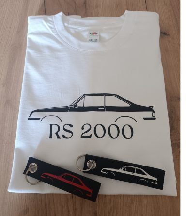 Weißes T-Shirt mit Ford Escort RS2000 und 2 Schlüsselanhänger