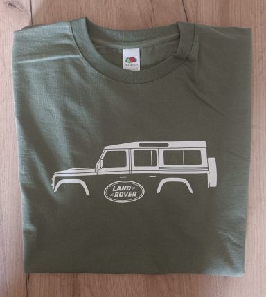 olivfarbenes T-Shirt mit Land Rover Defender 110