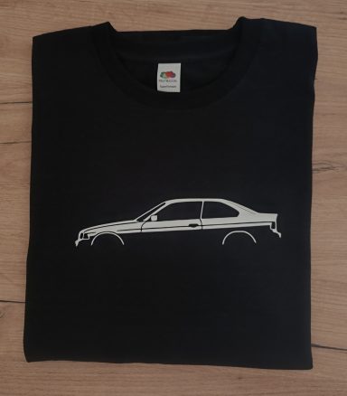 Schwarzes T-Shirt mit Silhouette eines 3er BMW E36 Coupe