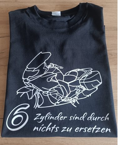 schwarzes T-Shirt mit Silhouette einer BMW K1600 GT