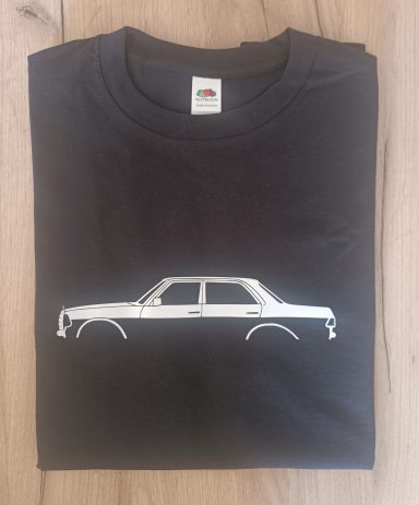 schwarzes T-Shirt mit Silhouette eines Mercedes W123 Limo