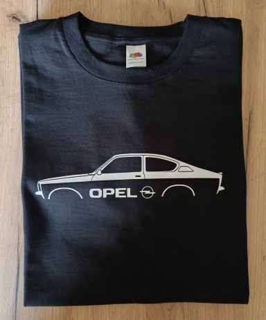 schwarzes T-Shirt mit Silhouette eines Opel Kadett C Coupe