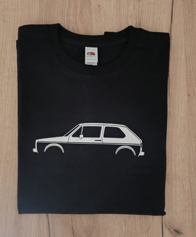 schwarzes T-Shirt mit Silhouette eines VW Golf 1