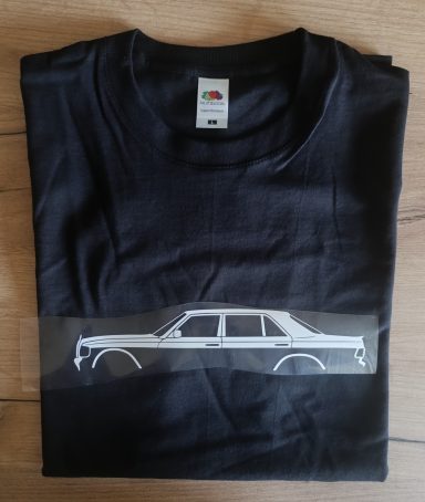 schwarzes T-Shirt mit Silhouette eines Mercedes W126 SE