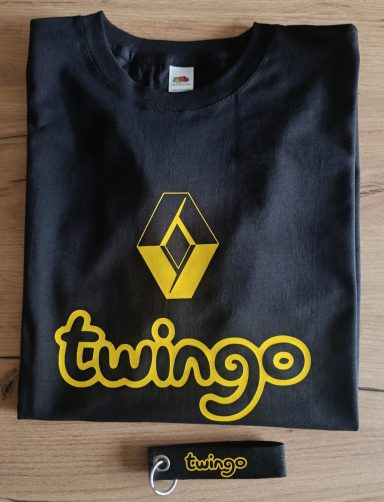 Schwarzes T-Shirt mit gelbem Renault Twingo-Logo und passendem Schlüsselband.