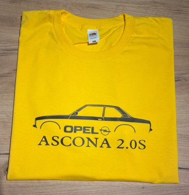 Gelbes T-Shirt mit schwarzem Opel Ascona 2.0 S Aufdruck.