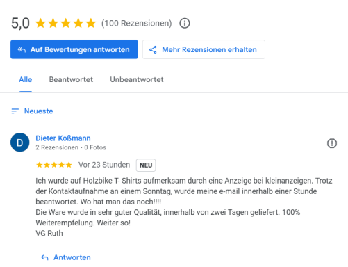 Bewertung Holzbike Auszug aus unseren Google Bewertungen