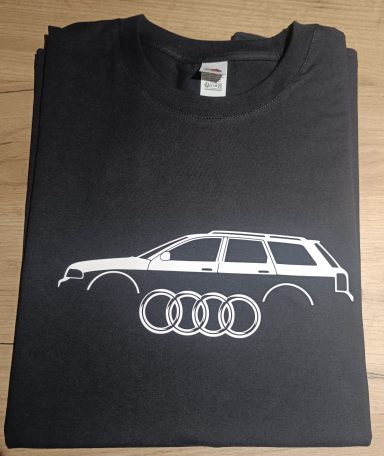 schwarzes T-Shirt mit Silhouette eines Audi A4 B5 Avant und Audi-Logo
