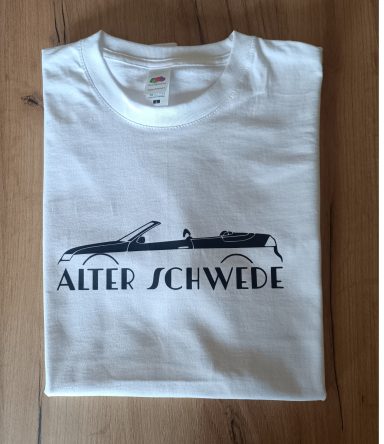 weißes T-Shirt mit Silhouette eines Saab 9-3 Cabrio