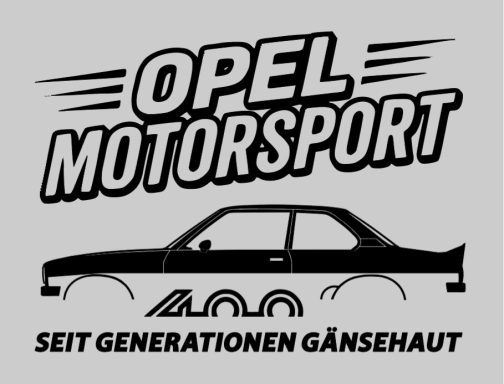 Logo von Opel Motorsport mit der Schrift "Seit Generationen Gänsehaut" und einem Ascona B.