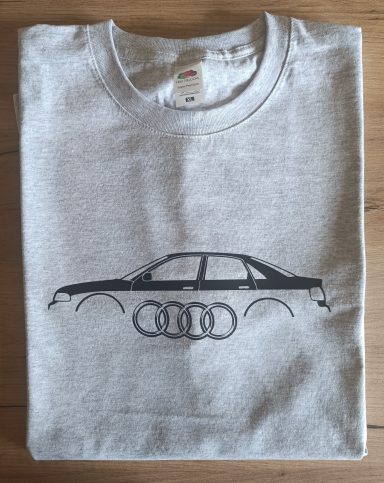 graues T-Shirt mit Silhouette eines Audi A4 B5 und Audi Ringe