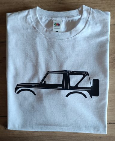weißes T-Shirt mit Silhouette eines Suzuki Samurai SJ410 Soft top