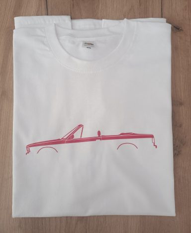Weißes T-Shirt mit Silhouette eines 3er BMW E30 Cabrio