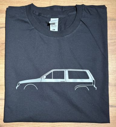 schwarzes T-Shirt mit Silhouette eines VW Polo mk2 Steilheck