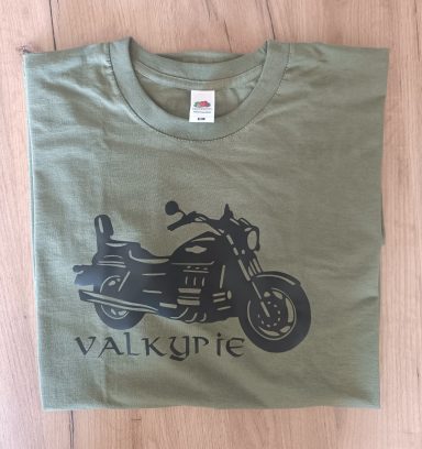olivgrünes T-Shirt mit Silhouette einer Honda F6C Valkyrie