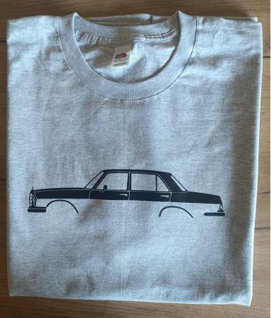 Mercedes W108 graues T-Shirt mit der Silhouette eines klassischen Mercedes W108