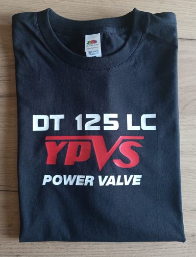 Schwarzes T-Shirt mit Aufdruck "DT 125 LC YPVS POWER VALVE".