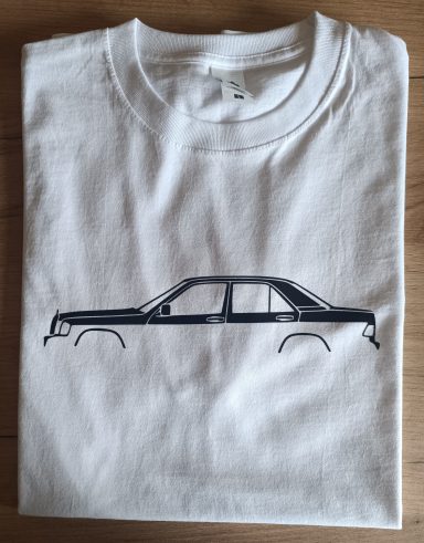 weißes T-Shirt mit Mercedes 190E Silhouette