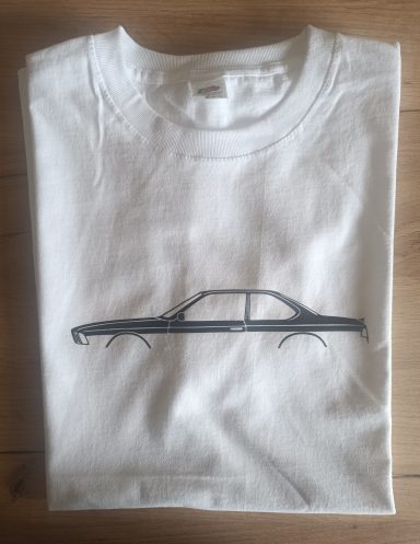 weißes T-Shirt mit Silhouette eines 6er BMW E24