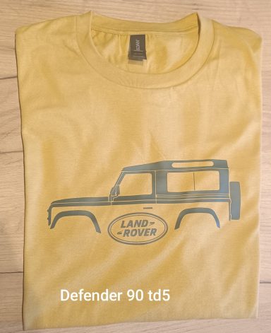 T-Shirt mit Land Rover Defender 90 td5 in Farbe mustard / oliv grün