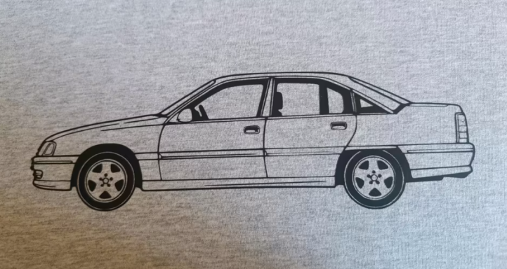 Opel Omega A Limo graues T-Shirt mit Silhouette eines Opel Omega A Limousine