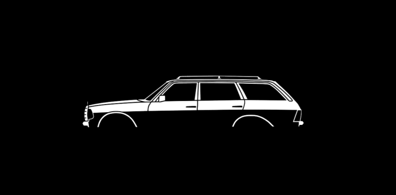 schwarzes T-Shirt mit Silhouette eines Mercedes W123 T-Modell