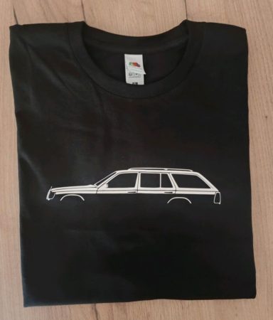 schwarzes T-Shirt mit Silhouette eines Mercedes W124 T-Modell