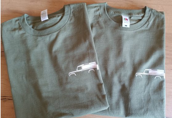 olivgrünes T-Shirt mit Silhouette eines Land Rover auf der Brust