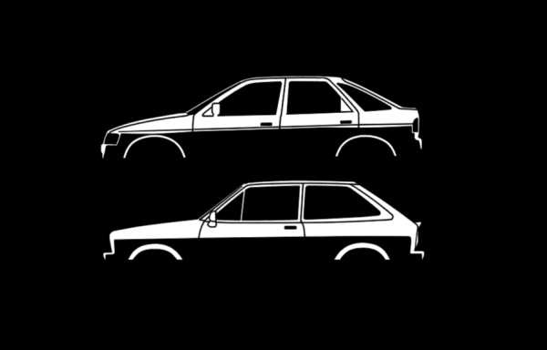 T-Shirt mit Silhouette von Ford Fiesta MK1 XR2i und Escort MK5