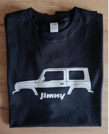 schwarzes T-Shirt mit Suzuki Jimny Silhouette und Schriftzug
