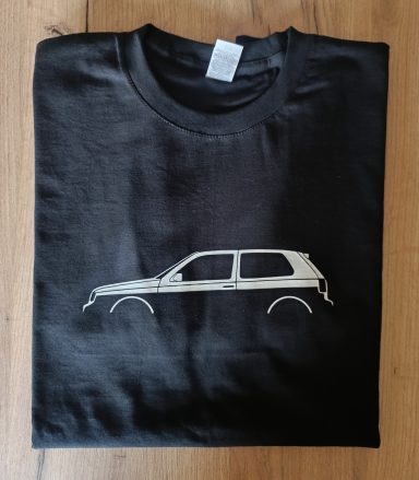 schwarzes T-Shirt mit Silhouette eines VW Golf 3 