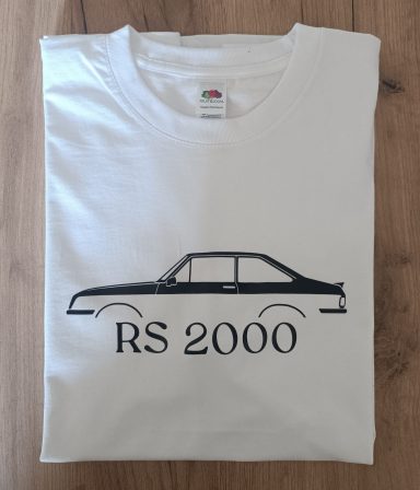 Weißes T-Shirt mit einer Grafik eines schwarzen RS 2000 seitlich.