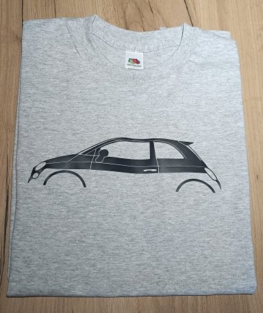 graues T-Shirt mit Silhouette eines Fiat 500 Abarth