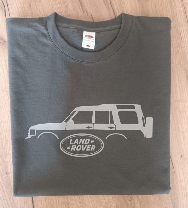 dunkelgraues T-Shirt mit Silhouette eines Land Rover Discovery 2 in hellgrau