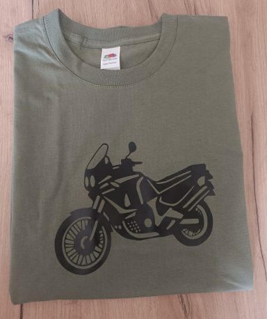 olivgrünes T-Shirt mit Silhouette einer Honda XRV750